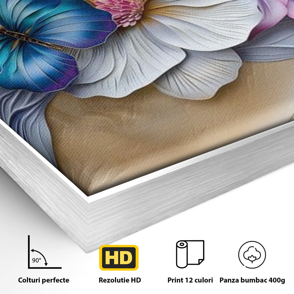 Detaliu al suprafetei: tablou canvas cu flori si fluture, in rama de aluminiu argintiu
